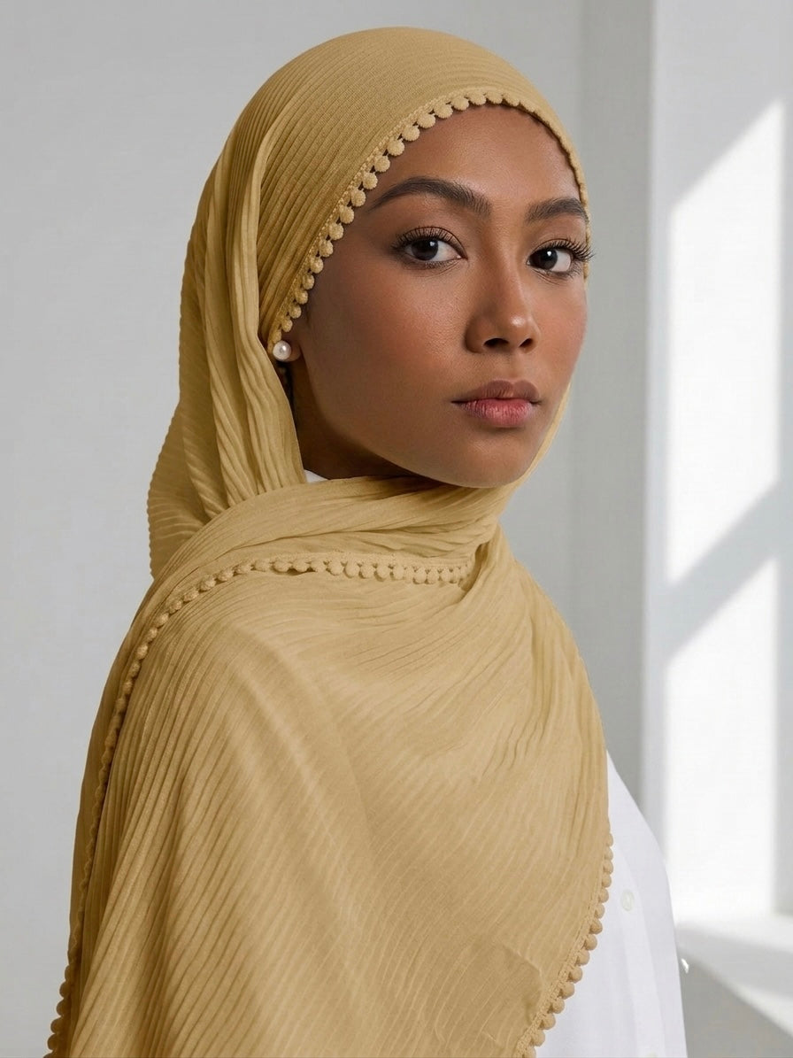 Pleated Laced Hijab - Beige