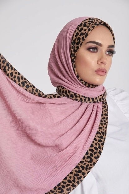 Pleated Lawn Hijab with Leopard Print Border - Cameo