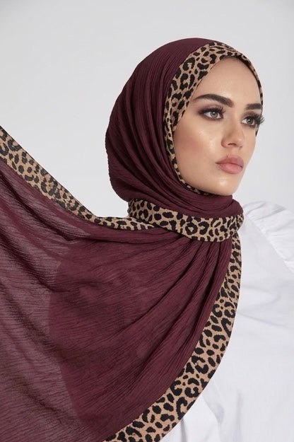 Pleated Lawn Hijab with Leopard Print Border - Cameo