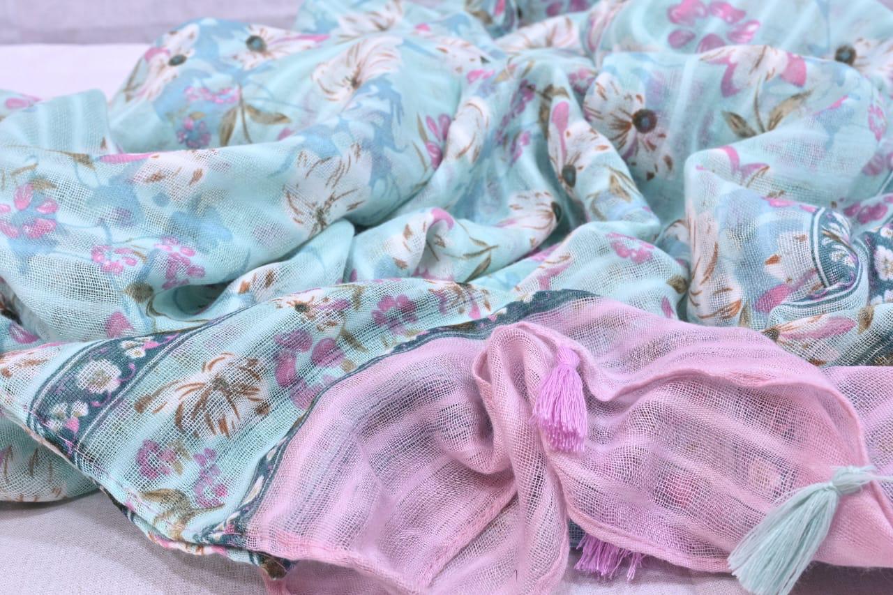 Tassels Lawn Hijab - Floral - Cameo