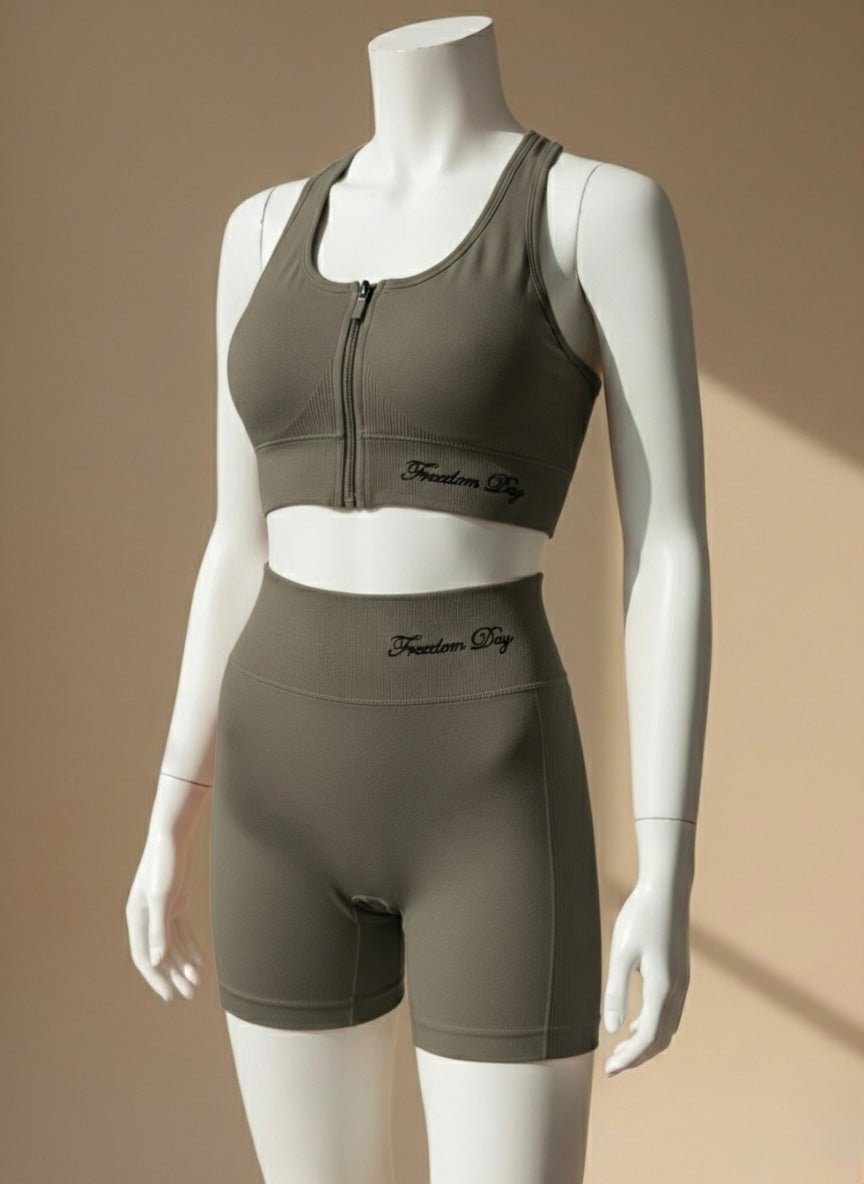 Women’s Front Zip Sports Bra & Shorts Set Quick - Dry, Chest Pad, No Steel Ring - Cameo