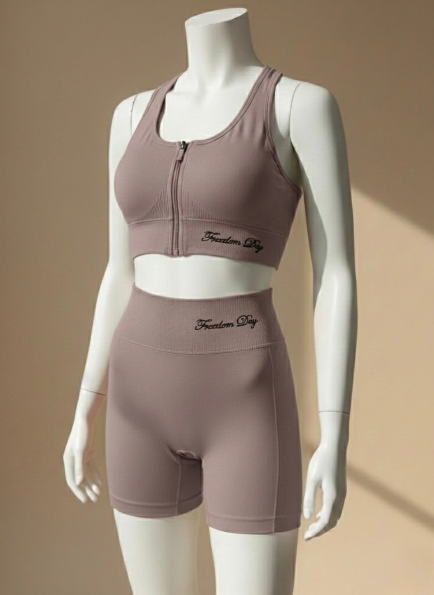 Women’s Front Zip Sports Bra & Shorts Set Quick - Dry, Chest Pad, No Steel Ring - Cameo