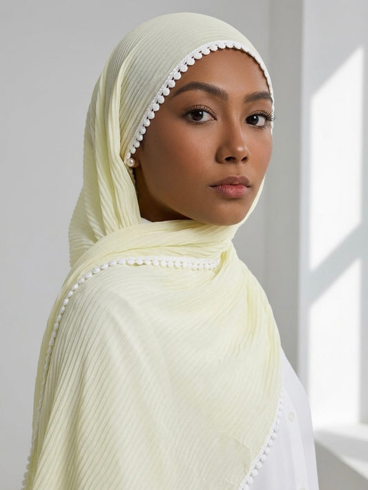 Pleated Laced Hijab - Cream