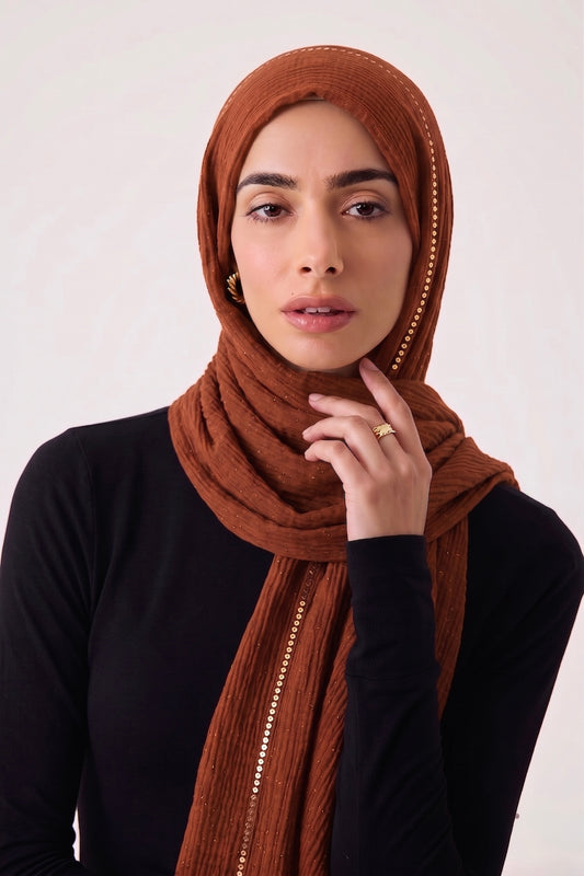 Sequin Crushed Lawn Hijab – XL Size ( Rust )