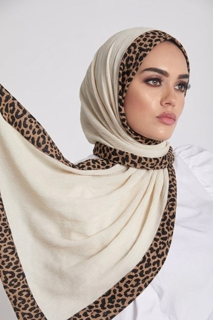 Pleated Lawn Hijab with Leopard Print Border
