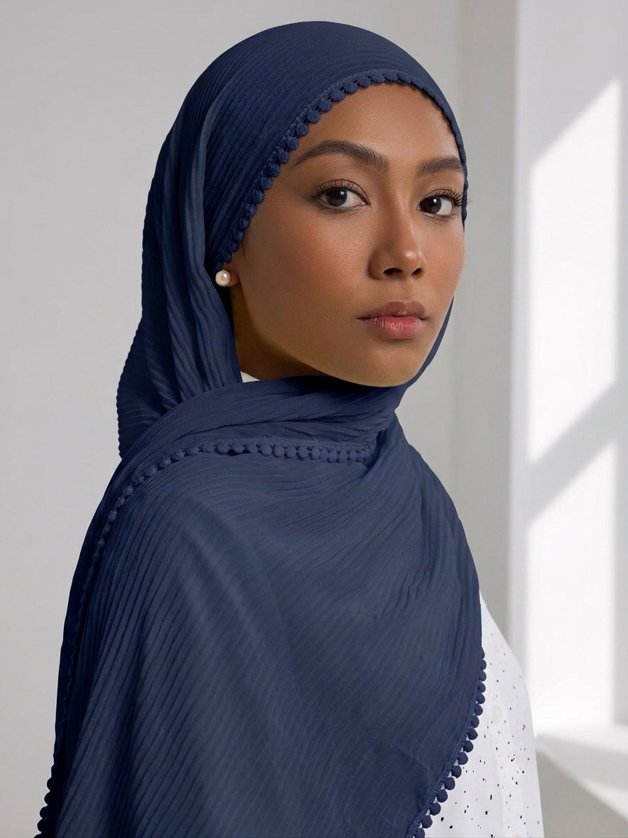 Pleated Laced Hijab - Navy Blue
