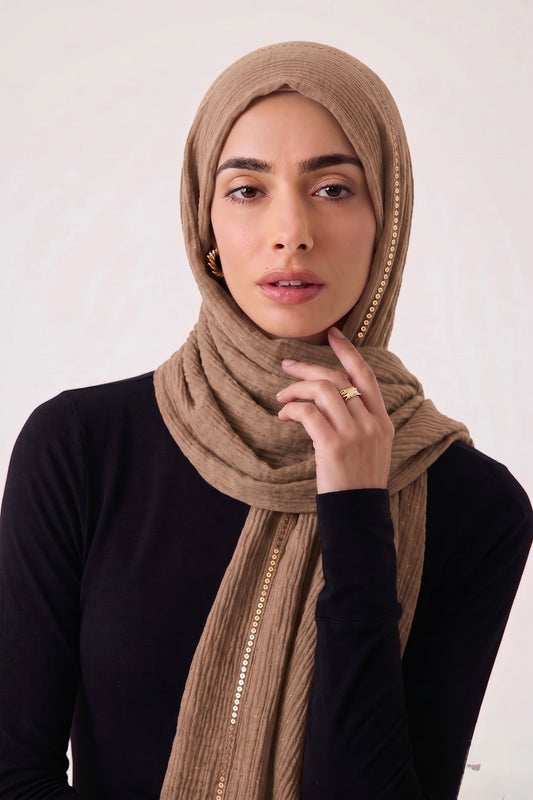 Sequin Crushed Lawn Hijab – XL Size ( Beige )