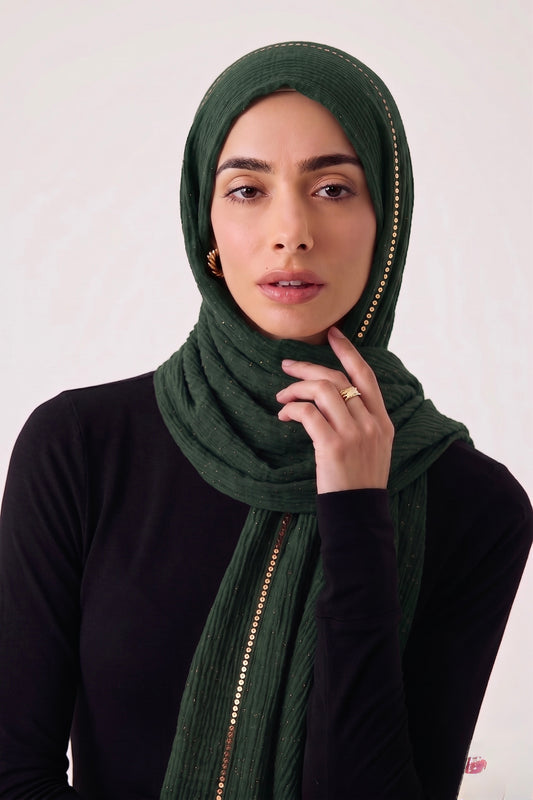 Sequin Crushed Lawn Hijab – XL Size ( Green )