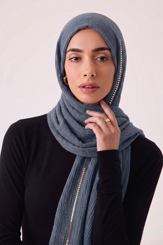 Sequin Crushed Lawn Hijab – XL Size ( Denim )