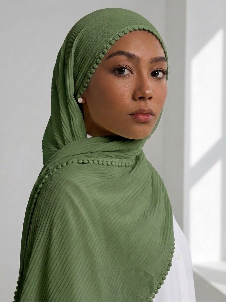 Pleated Laced Hijab - Sage Green