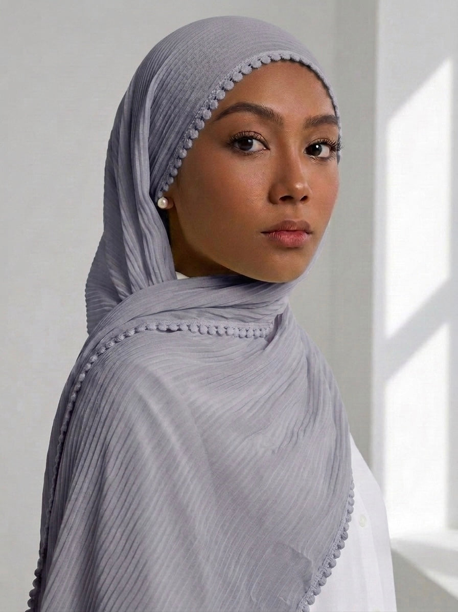 Pleated Laced Hijab - Grey