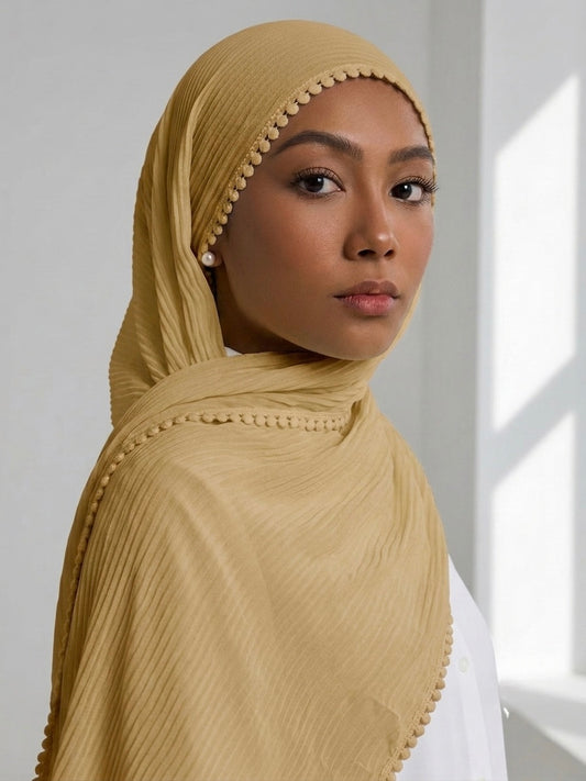 Pleated Laced Hijab - Beige