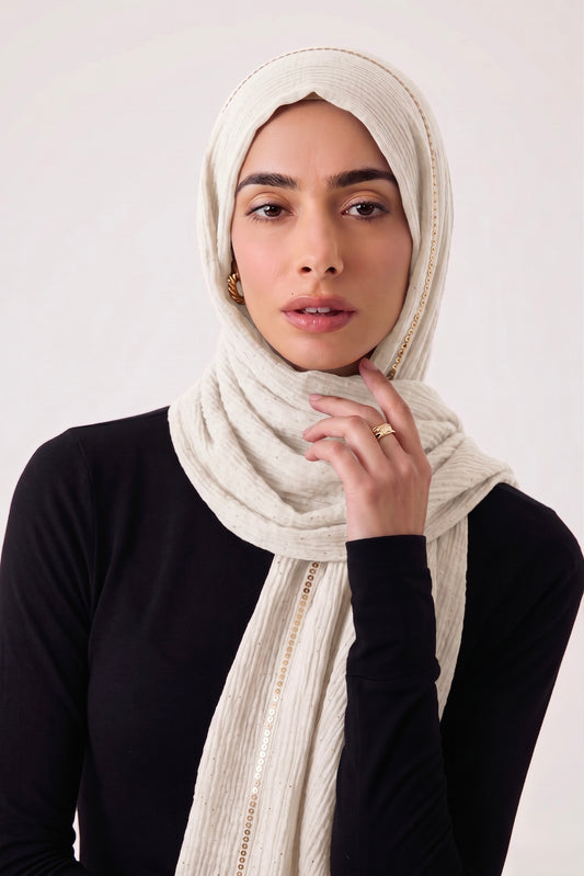 Sequin Crushed Lawn Hijab – XL Size( White)