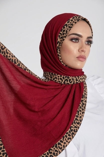 Pleated Lawn Hijab with Leopard Print Border