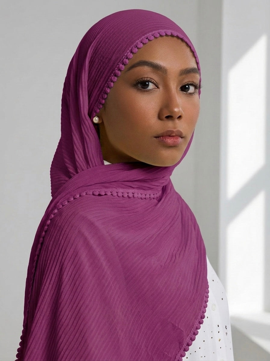 Pleated Laced Hijab - Magenta