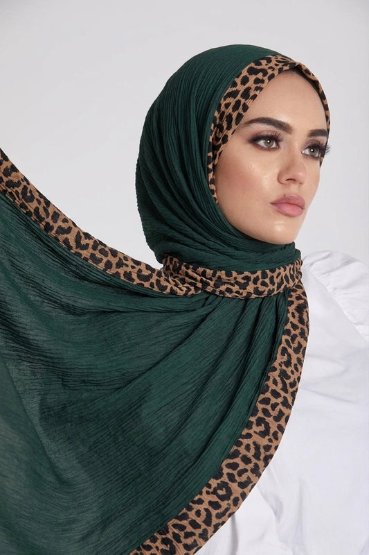 Pleated Lawn Hijab with Leopard Print Border