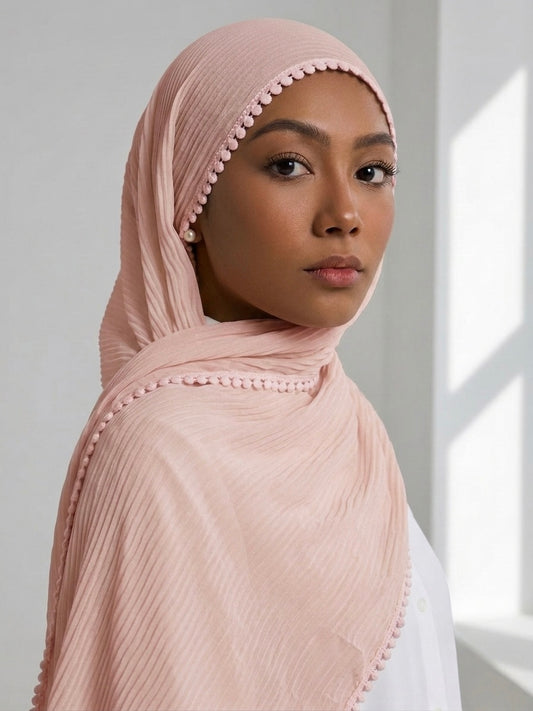 Pleated Laced Hijab - Nude Pink