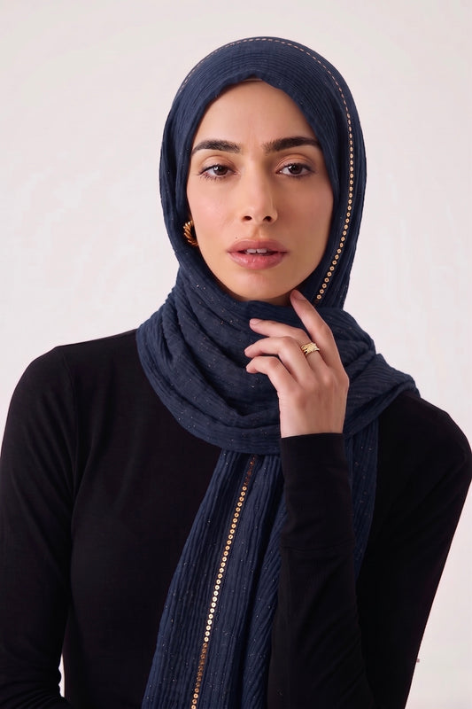 Sequin Crushed Lawn Hijab – XL Size ( Navy Blue )
