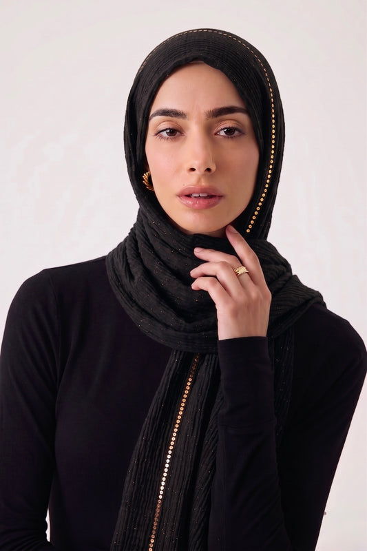 Sequin Crushed Lawn Hijab – XL Size ( Black )
