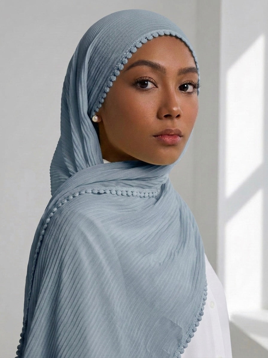 Pleated Laced Hijab - light Blue