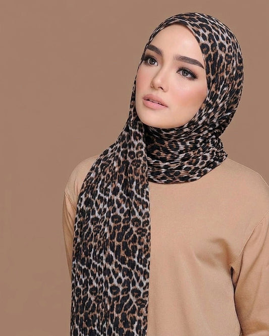 Pleated Lawn Hijab – Soft Summer Viscose | Leopard Print - Cameo