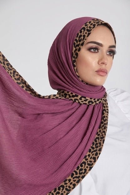 Pleated Lawn Hijab with Leopard Print Border - Cameo