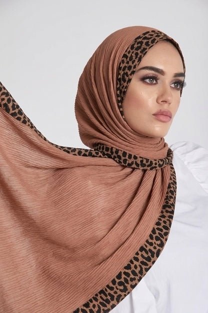 Pleated Lawn Hijab with Leopard Print Border - Cameo