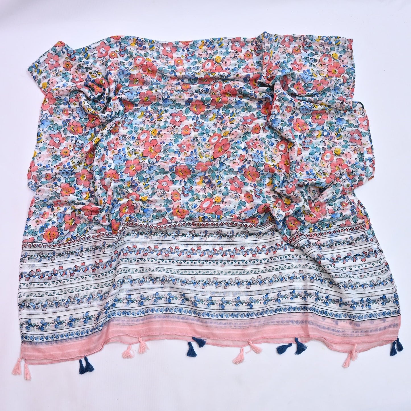 Tassels Lawn Hijab - Floral - Cameo
