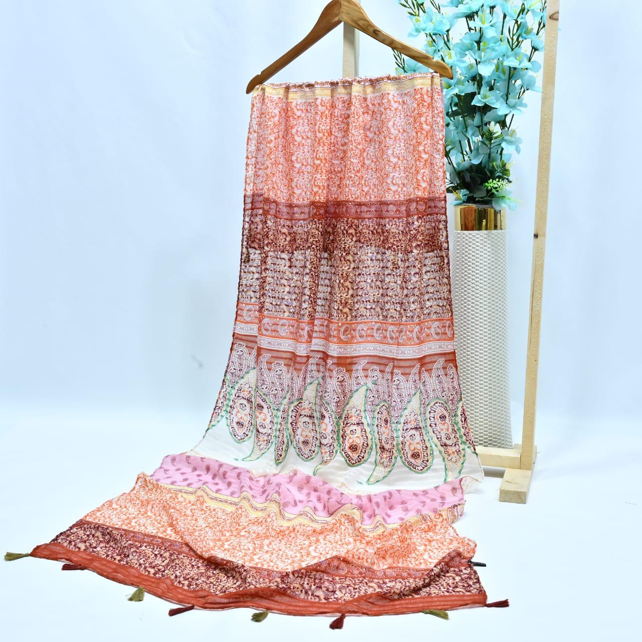 Tassels Lawn Hijab - Floral - Cameo