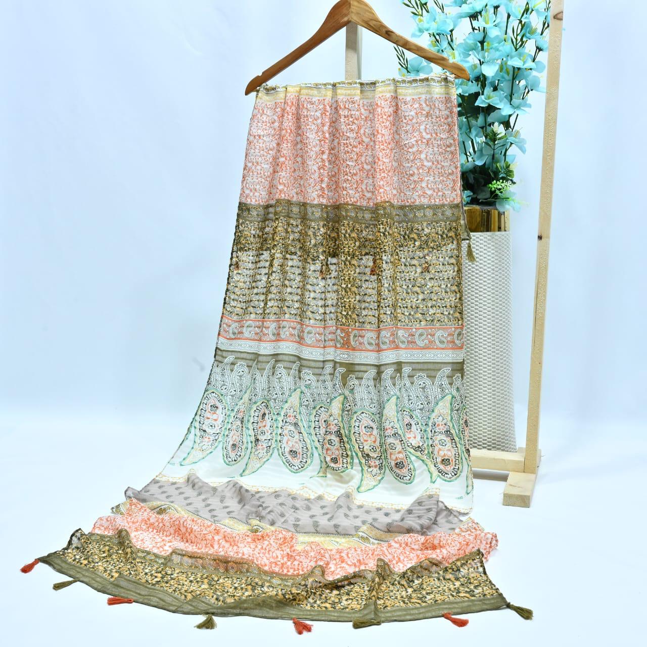 Tassels Lawn Hijab - Floral - Cameo
