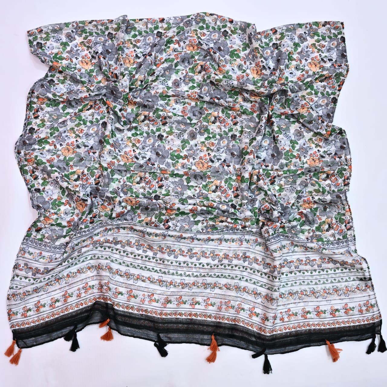 Tassels Lawn Hijab - Floral - Cameo