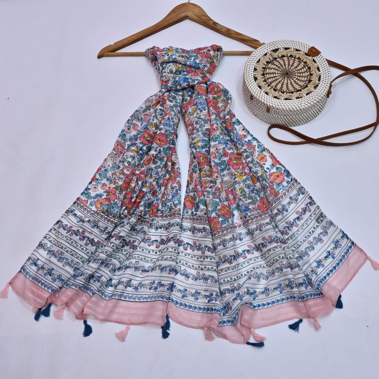 Tassels Lawn Hijab - Floral - Cameo