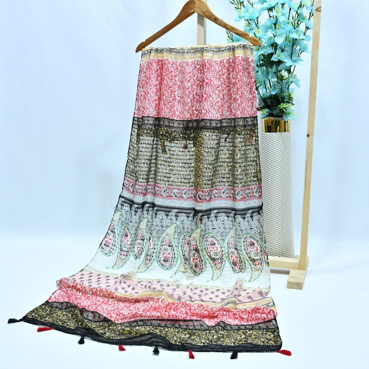 Tassels Lawn Hijab - Floral - Cameo