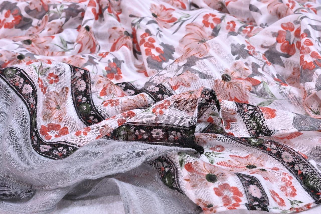 Tassels Lawn Hijab - Floral - Cameo