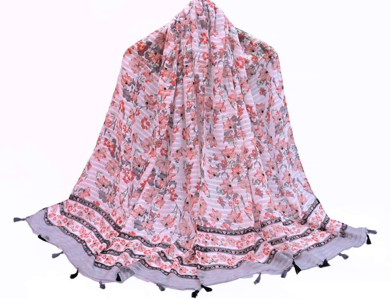 Tassels Lawn Hijab - Floral - Cameo