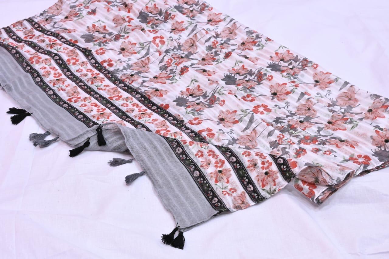 Tassels Lawn Hijab - Floral - Cameo
