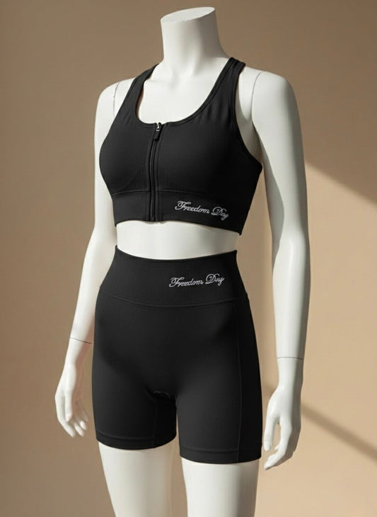 Women’s Front Zip Sports Bra & Shorts Set Quick - Dry, Chest Pad, No Steel Ring - Cameo