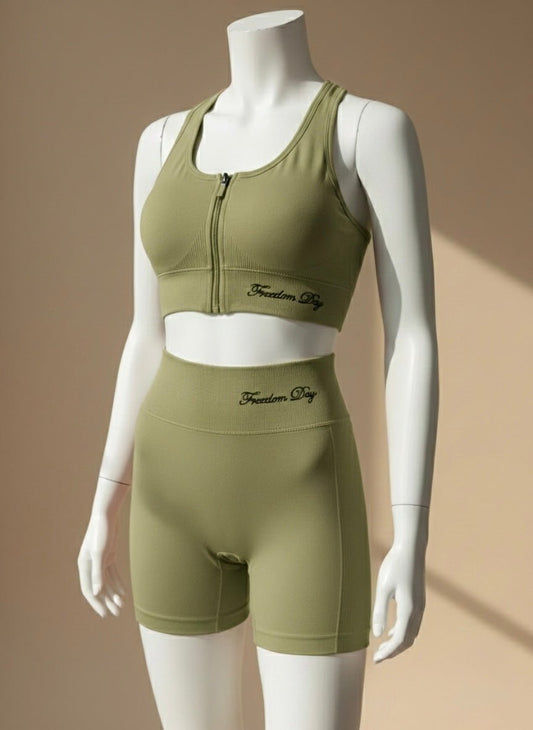 Women’s Front Zip Sports Bra & Shorts Set Quick - Dry, Chest Pad, No Steel Ring - Cameo