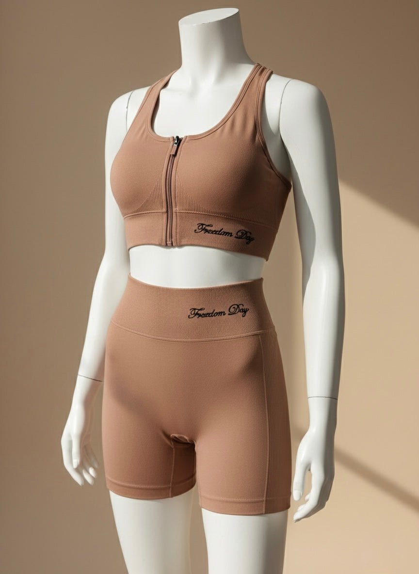 Women’s Front Zip Sports Bra & Shorts Set Quick - Dry, Chest Pad, No Steel Ring - Cameo