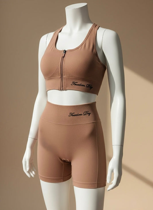 Women’s Front Zip Sports Bra & Shorts Set Quick - Dry, Chest Pad, No Steel Ring - Cameo