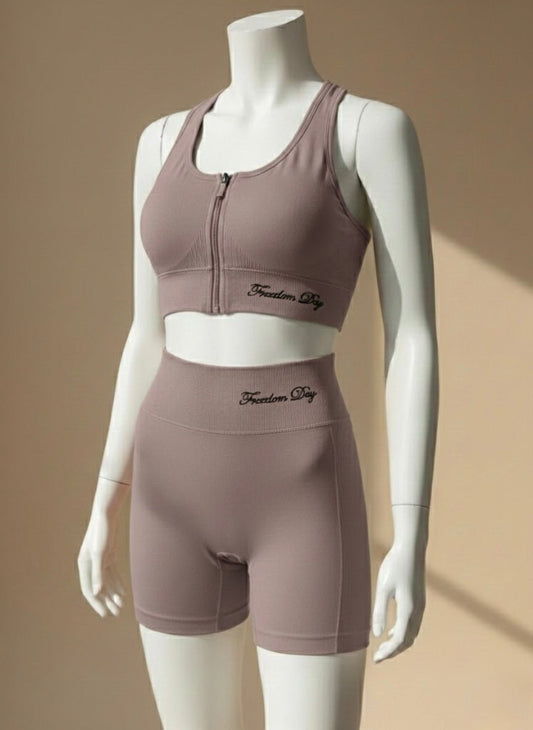 Women’s Front Zip Sports Bra & Shorts Set Quick - Dry, Chest Pad, No Steel Ring - Cameo